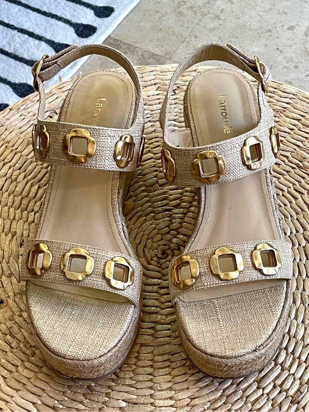 Larroude Beige Platform Sandals with Gold Buckle Details